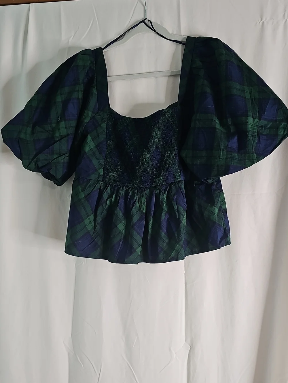 Old Navy Green & Navy Plaid Puff-Sleeve Square-Neck Top